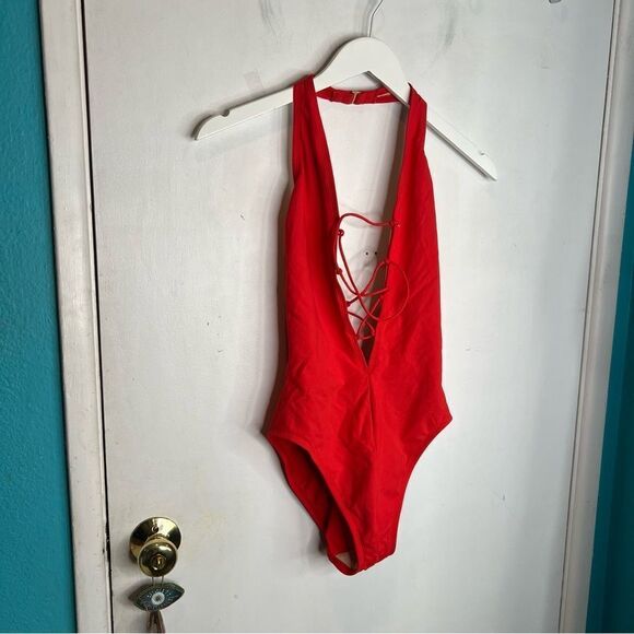 Anne Cole lace up chest Red/orange Halter One-Piece Swimsuit - Picture 1 of 6